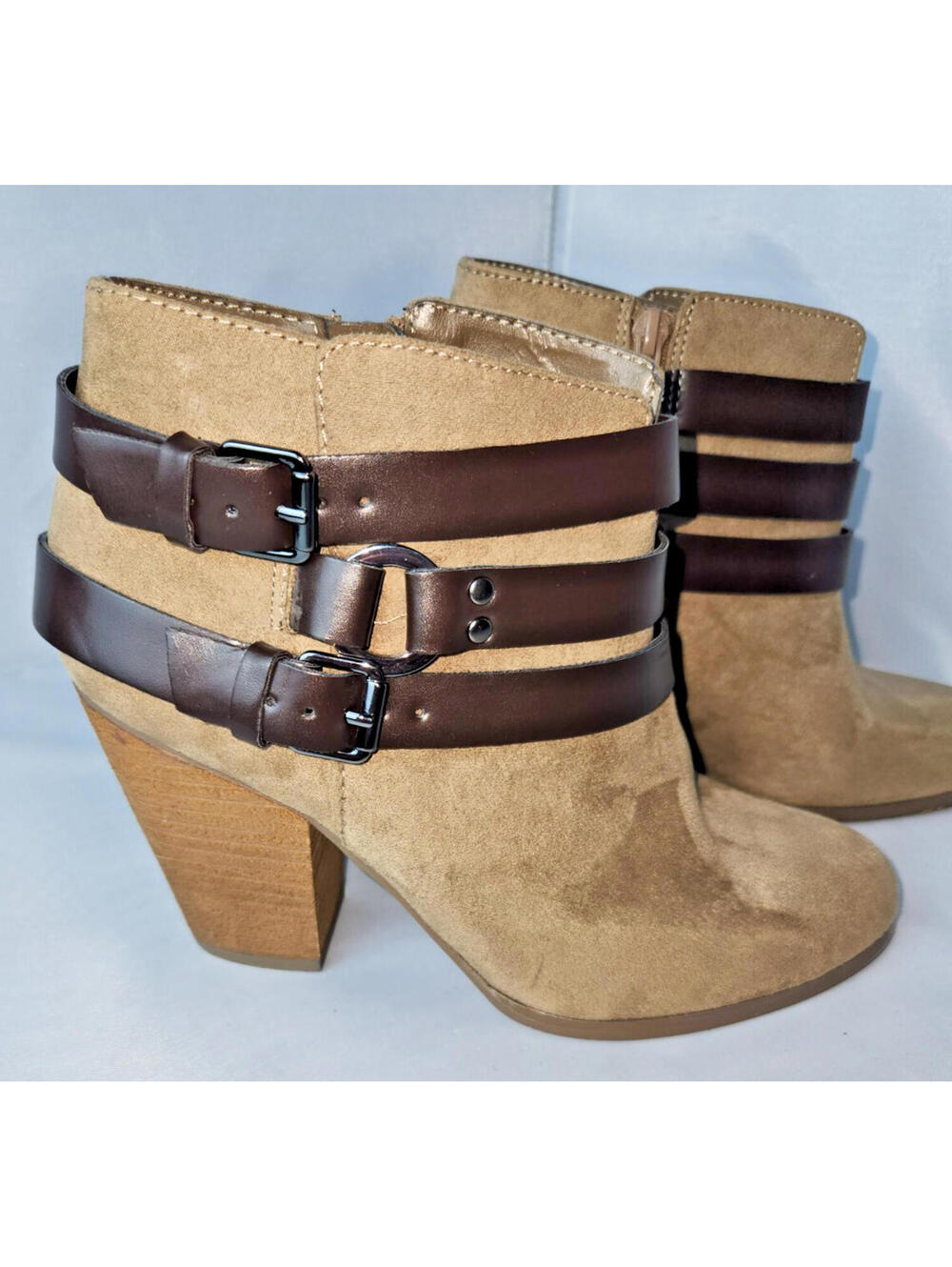 Carlos by Carlos Santana Tan Suede Ankle Boots Dark Brown Buckle Straps
